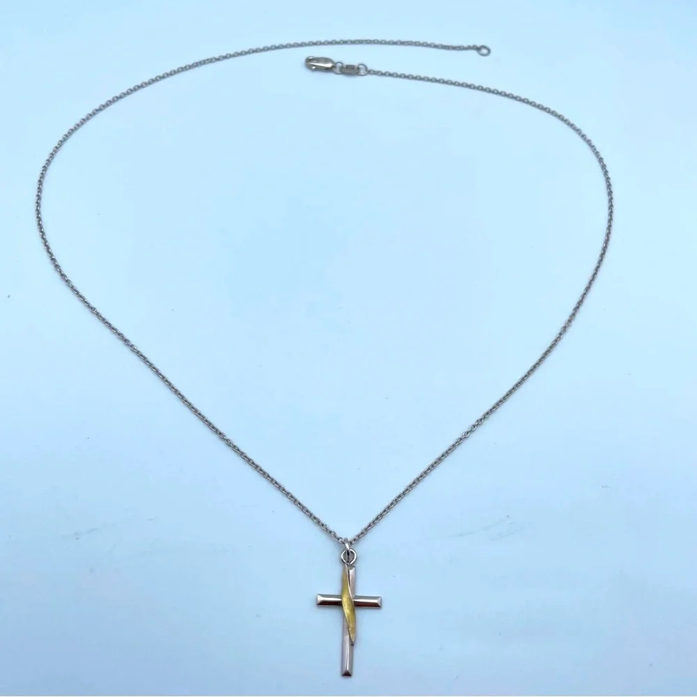 925 Sterling Silver & Gold Accent Cross Pendant Necklace 18”